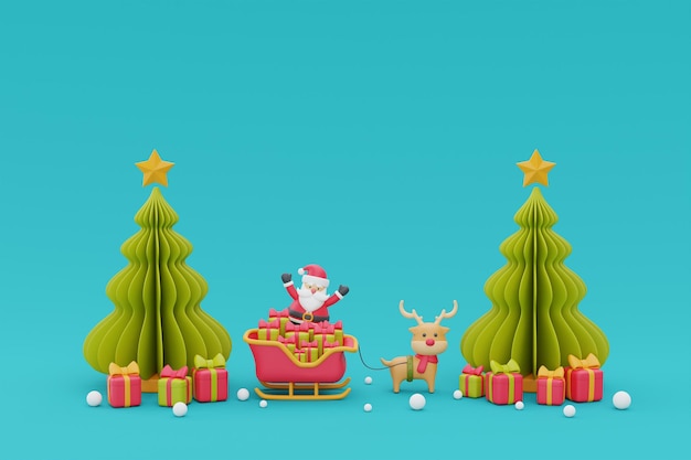 Christmas background with pine trees Santa Claus and christmas ornament Merry Christmas and Happy New Year 3d rendering