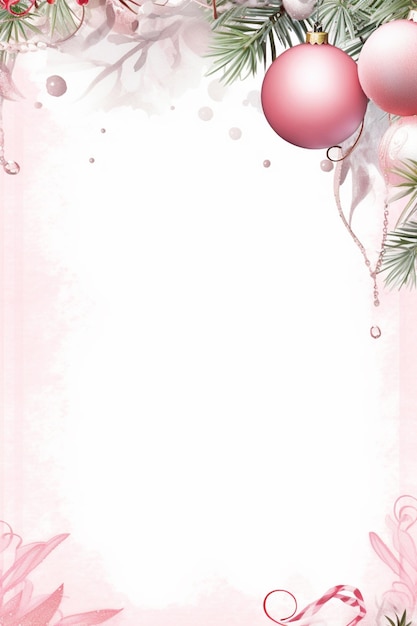 Photo christmas background with pink ornaments and holly branches generative ai