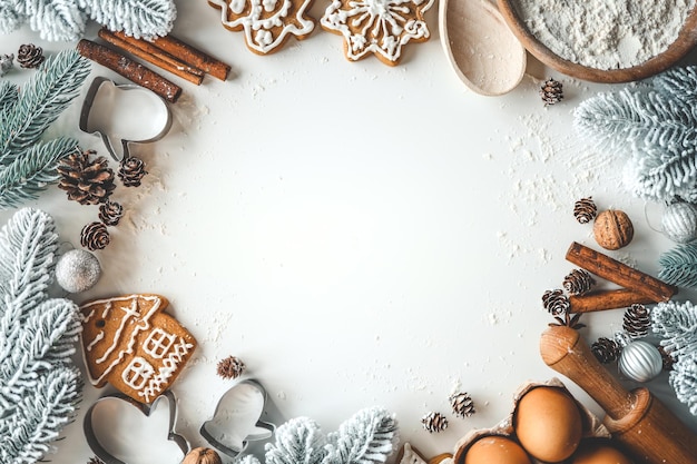 Christmas background with place for text Flour eggs cinnamon form rocking flat lay top view