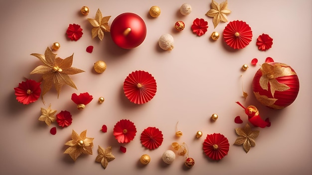 写真 クリスマスの背景は赤と金の装飾で,平らな上部の景色です.