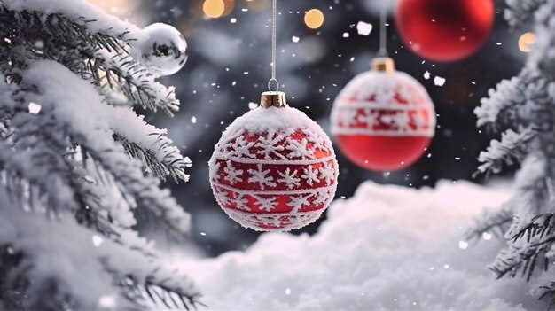 Christmas background with red baubles and snow covered fir tree branches