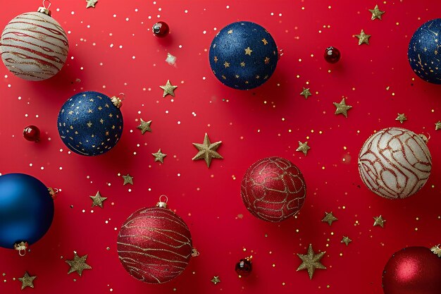 Christmas background with red and blue baubles and golden stars on red background