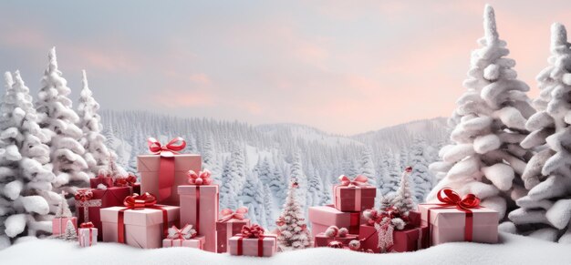写真 赤い箱と雪の中の杉の木を持つクリスマスの背景