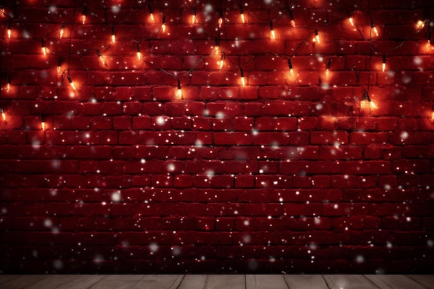 Christmas background with red brick wall and a garland of light bulbs