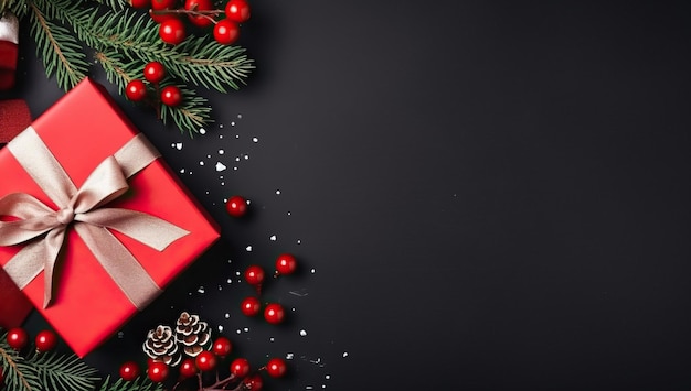 クリスマスの背景に赤いギフト ボックスのモミの枝、黒い背景に赤い果実コピー スペースとトップ ビュー