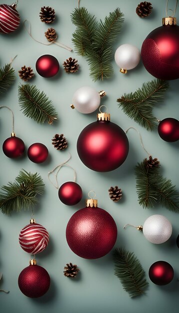 Christmas background with red and white balls pine cones and fir branches