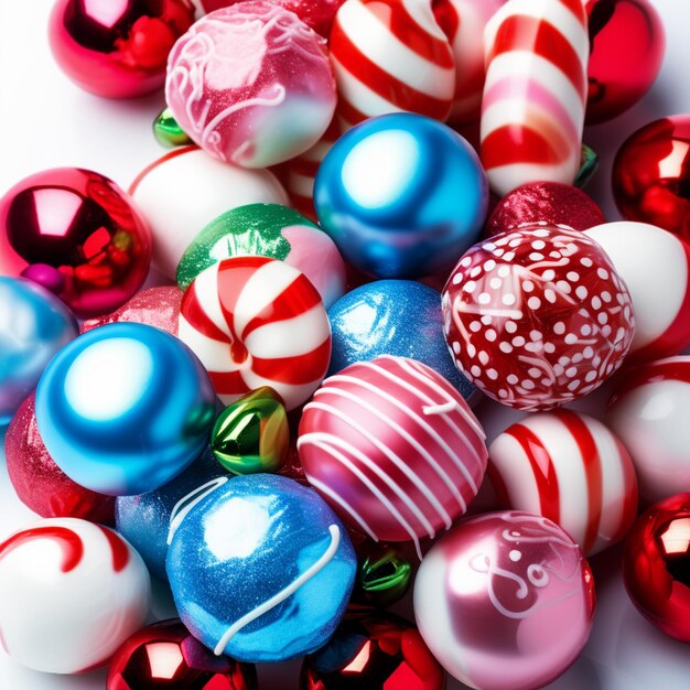 Foto sfondio natalizio con caramelle rosse, bianche e blu