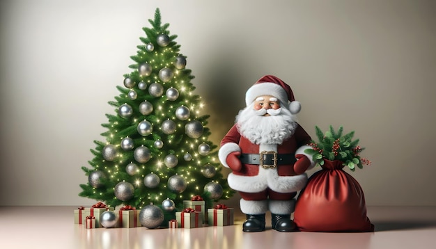 Christmas background with Santa Claus and a Christmas tree 3d illustration