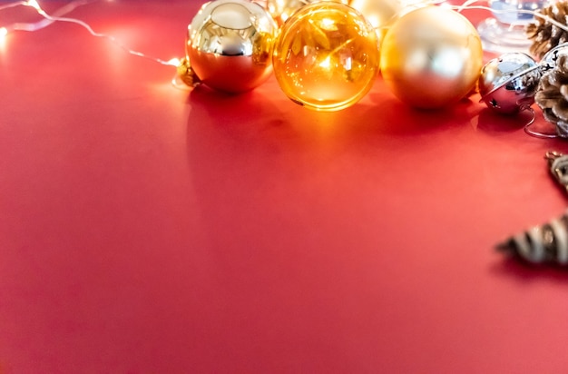 Christmas background with shiny balls and festive decorations with copy space for text