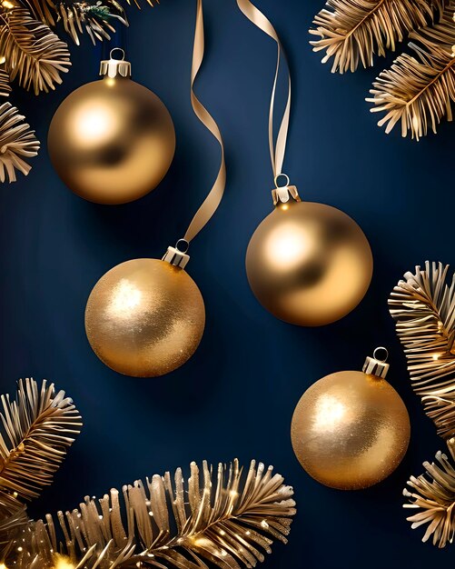 Photo christmas background with shiny snowballs and gift packages in navy blue and gold colors top view