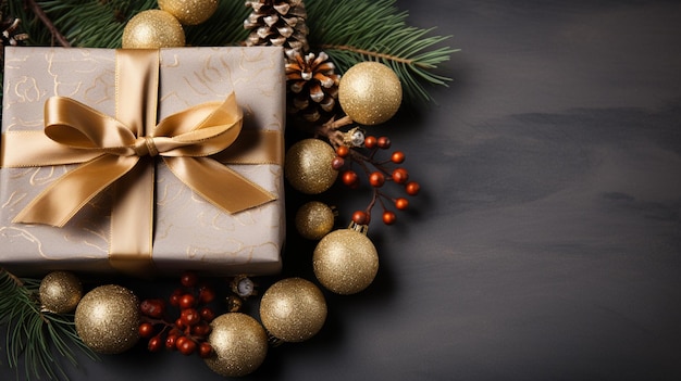 작은 선물 상자 레드 베리 벨 라이트 트리 및 장식으로 구성된 크리스마스 배경