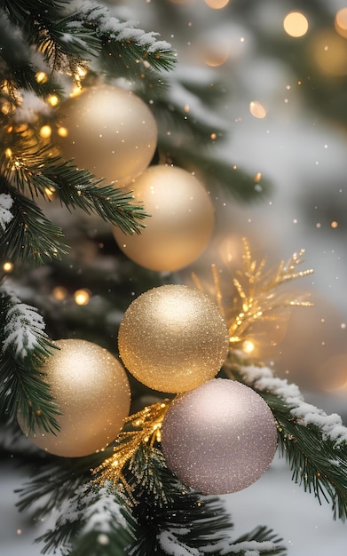 Christmas background with snow shiny balls and fir branches AI