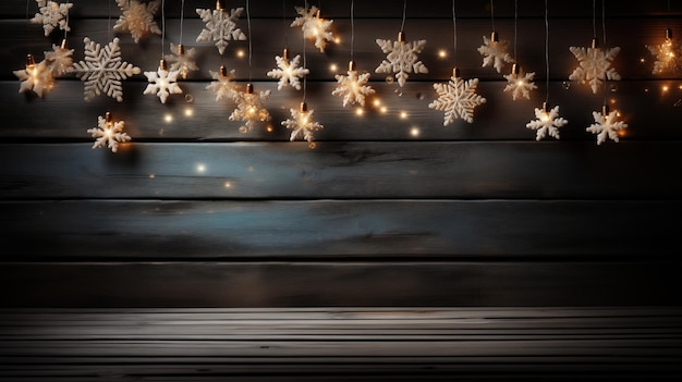 Christmas background with snowflakes and lights on dark wooden planks