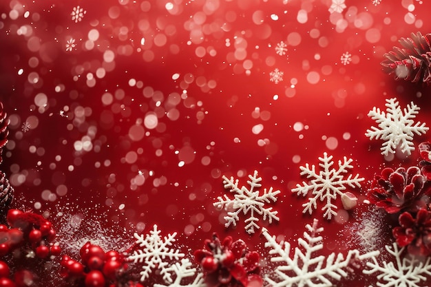 Photo christmas background with snowflakes and red berry on red background