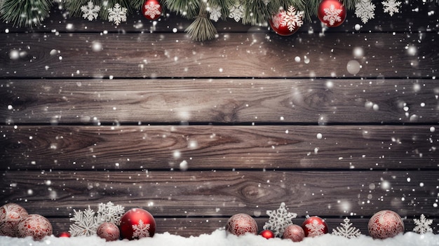 Photo christmas background with snowflakes and wooden planks and snowfall