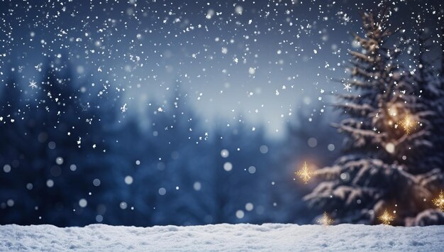 밤에 눈  ⁇ 인 소나무와 보케 조명이 있는 크리스마스 배경