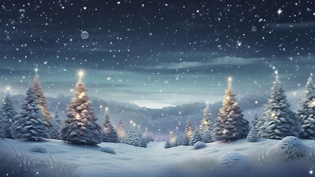 christmas background with snowy fir trees and presents