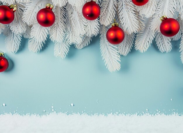 Christmas background with snowy spruce fir tree and red glass balls