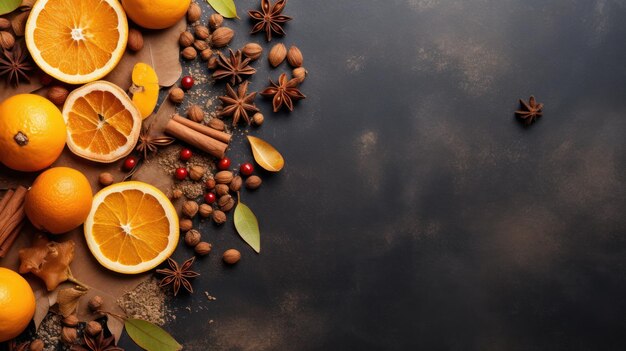 Christmas background with spices and oranges top view with copy space generative ai