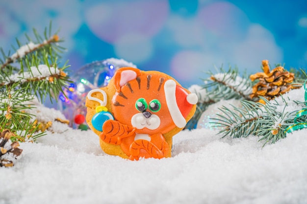 Christmas background with tiger gingerbread  holiday mood card