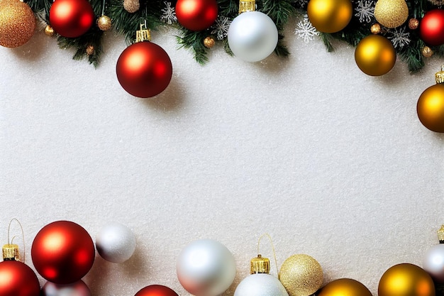 クリスマスの背景におもちゃのボール、トウヒの木の小枝。 3 d レンダリングの図。テキスト用の空白