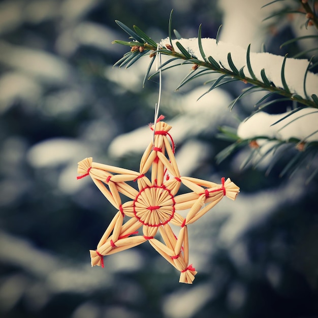 ツリーと自然の古いわらの装飾とクリスマスの背景雪で冬の休日の時間