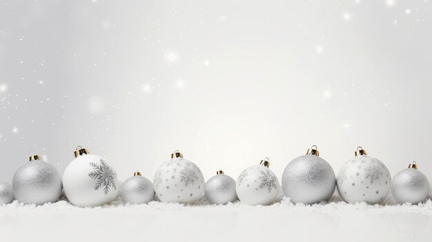 Christmas background with white baubles and snow White Large and small Christmas balls