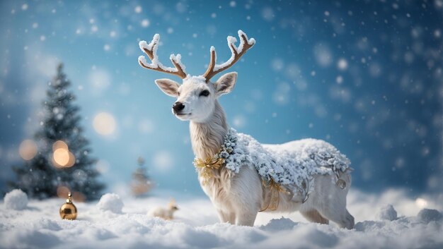 Christmas background with white decorative deer in snow on blue sky background in snowfall