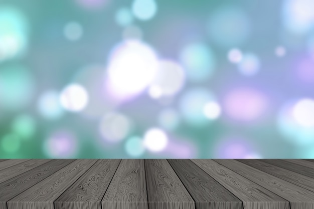 Christmas background with wooden table looking out to bokeh lights