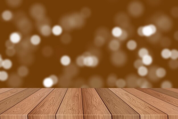Sfondo di natale con tavolo in legno che guarda alle luci bokeh