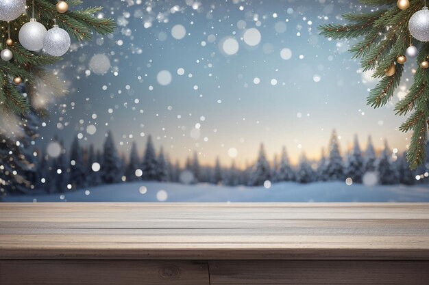 Christmas background with wooden table looking out to a silver sparkling design