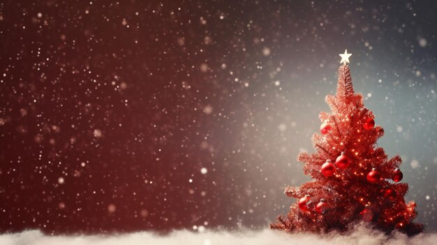 Christmas background with xmas tree and sparkle bokeh lights on red canvas background