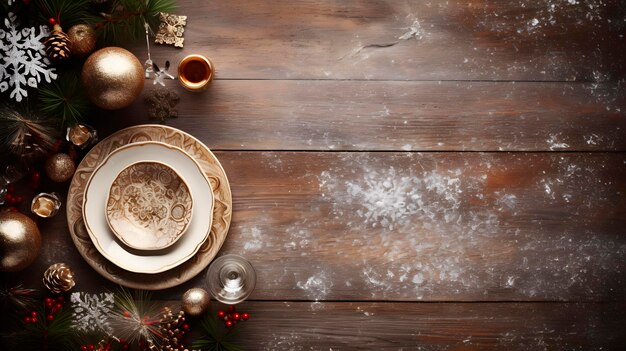 Фото Рождественский фон деревянная столешница, изящно обрамленная композицией рождественского украшения