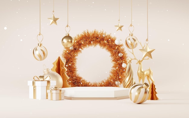 Christmas backgrounds with podium stage platform in minimal New year event theme Merry Christmas scene for product display mock up banner Empty stand pedestal decor in Xmas winter scene 3D render