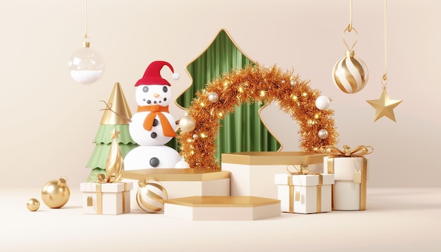 최소한의 신년 이벤트 테마의 연단 무대 플랫폼이 있는 크리스마스 배경 제품 디스플레이를 위한 메리 크리스마스 장면은 Xmas 겨울 장면 3D 렌더의 빈 스탠드 페데스탈 장식을 조롱합니다.