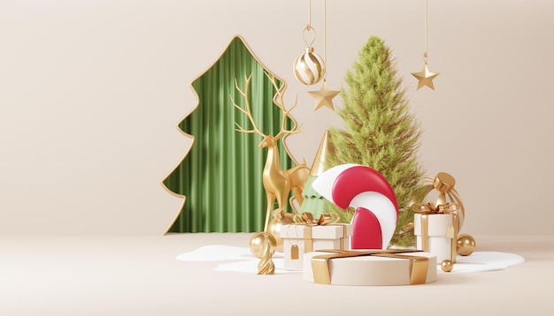 Christmas backgrounds with podium stage platform in minimal New year event theme Merry Christmas scene for product display mock up banner Empty stand pedestal decor in Xmas winter scene 3D render