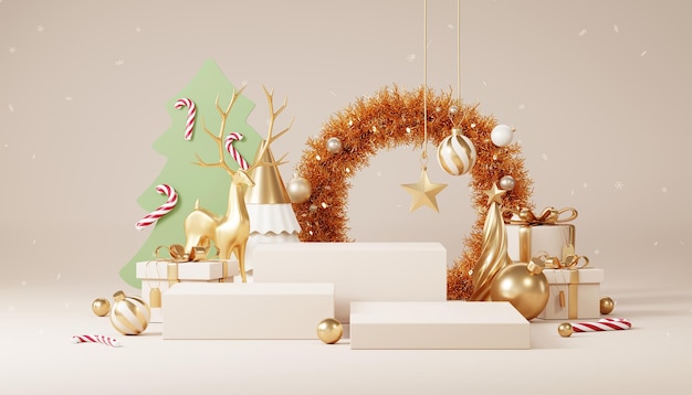 Christmas backgrounds with podium stage platform in minimal New year event theme Merry Christmas scene for product display mock up banner Empty stand pedestal decor in Xmas winter scene 3D render