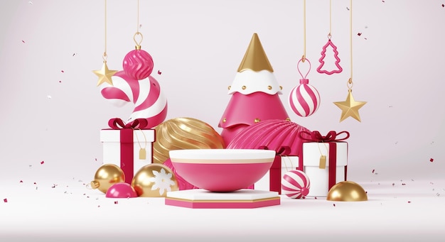 Christmas backgrounds with Viva Magenta Color podium stage platform in minimal New year event and winter theme Merry Christmas scene for product display mock up banner Empty pedestal 3D render