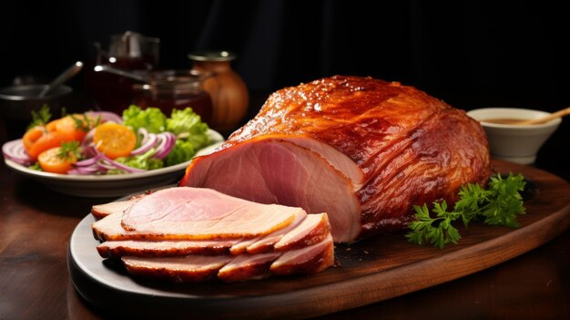 Photo christmas baked ham glazed on table closeup xmas menu