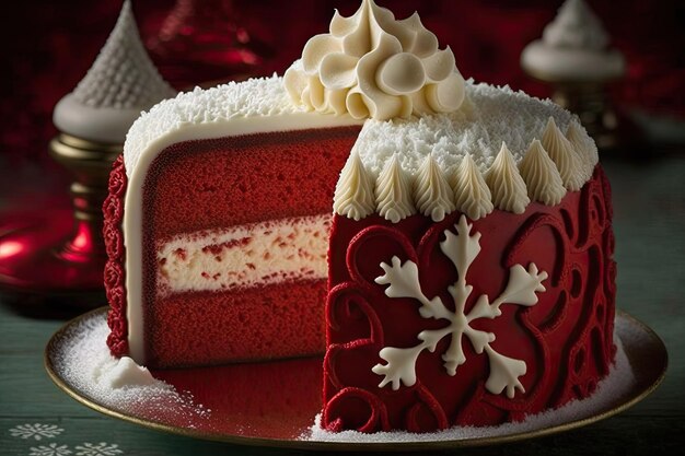 ジェネレーティブ AI で作成された、クリーム色の赤いビロードのケーキを使ったクリスマスのベーキング ケーキ