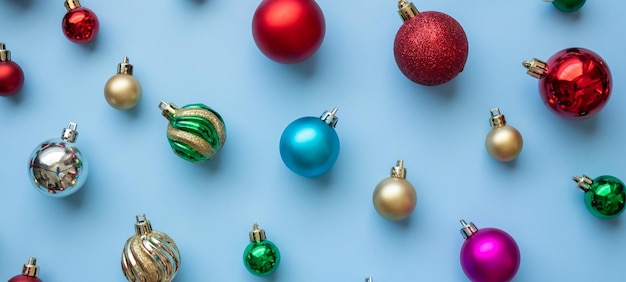 Pallina di natale modello minimo flatlay su sfondo blu pastello vista dall'alto