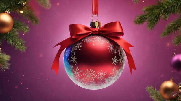 Christmas ball on colored background decoration bauble with ribbon bow with copy space