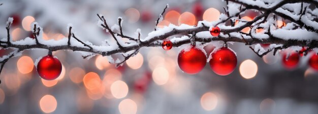 외부 눈 덮인 나뭇가지에 매달려 있는 크리스마스 공 자연 계절 장식 Generative AI
