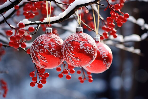 Christmas ball hanging on a snowed branch outside Natural seasonal decoration Generative AI