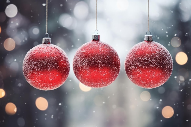 Christmas ball hanging on a snowed branch outside Natural seasonal decoration Generative AI