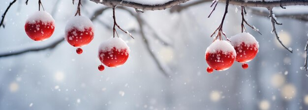 外の雪の降った枝にぶら下がっているクリスマス ボール 自然な季節の装飾 生成 AI