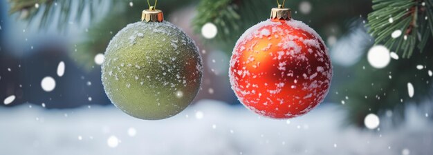 외부 눈 덮인 나뭇가지에 매달려 있는 크리스마스 공 자연 계절 장식 Generative AI
