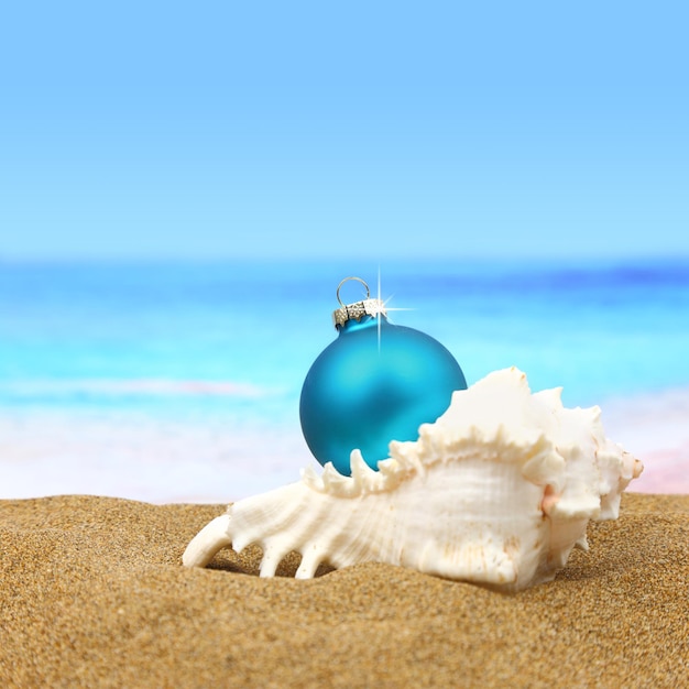 Christmas ball in a sea shell on the beach