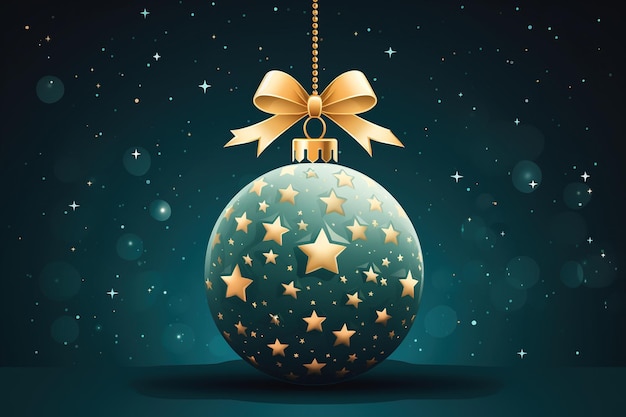 Рождественский шар с золотым бантом на темно-синем фоне. Векторная иллюстрация. Генеративный AI.