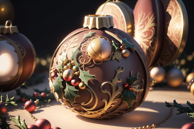 A christmas ball with holly and berries on it